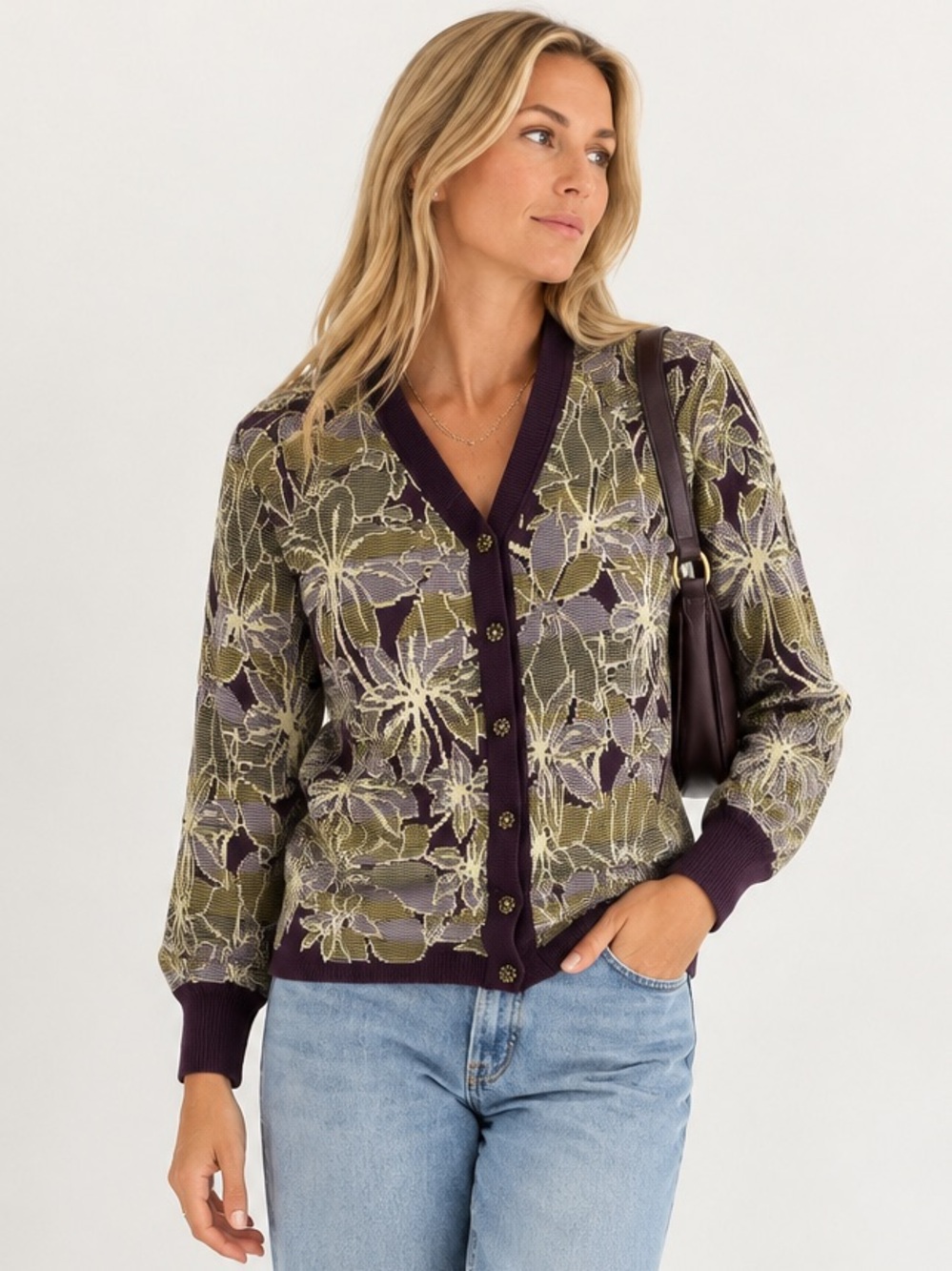 Vintage Camela Floral Jacquard Knit Cardigan Purple Green Wool Blend 34  (small)